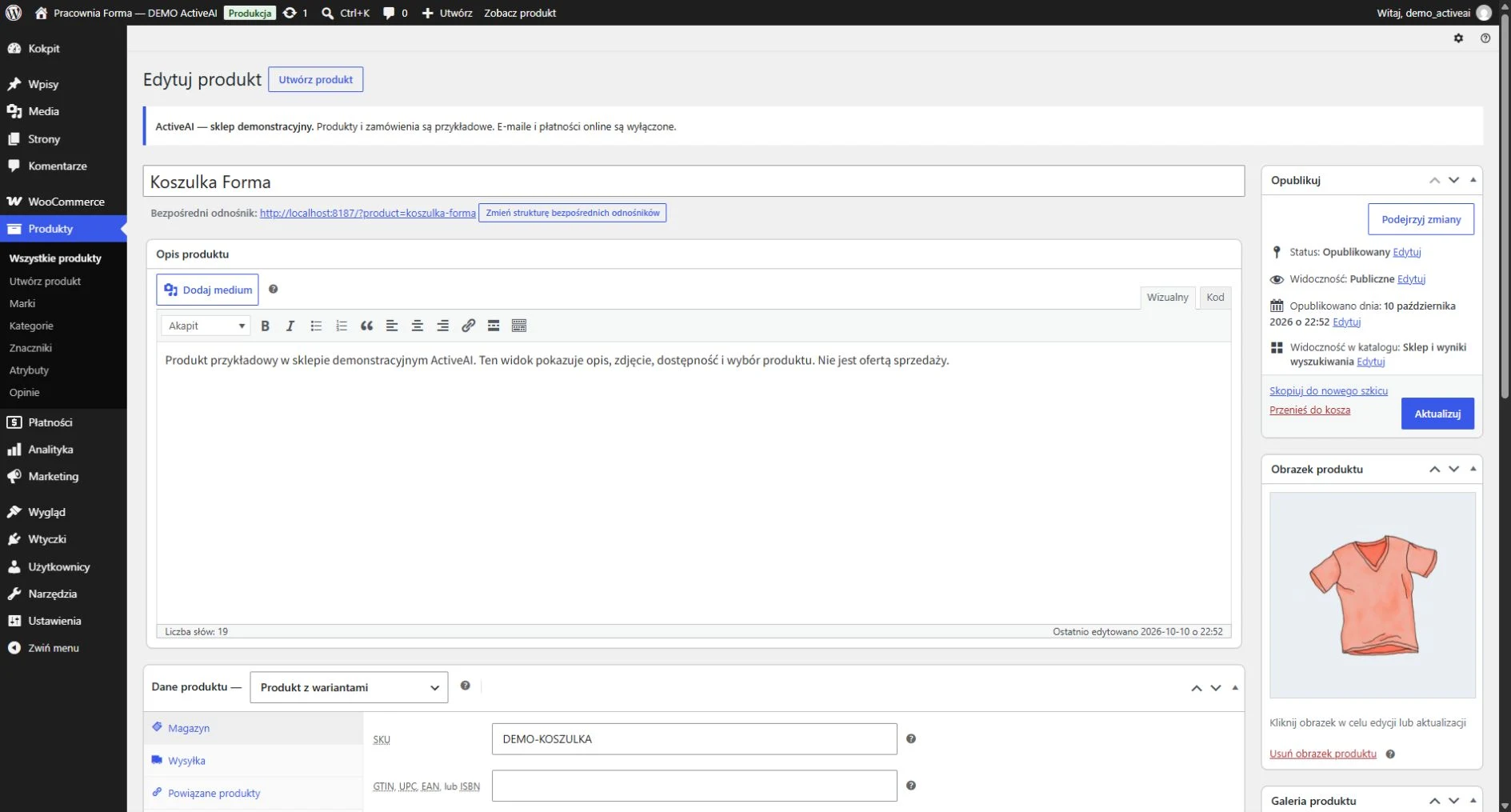 Edycja koszulki w WooCommerce: nazwa, opis i zdjęcie