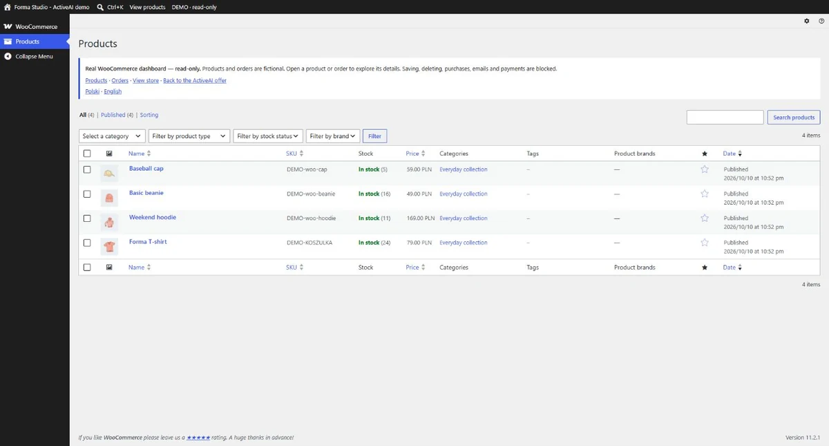Product list in the WooCommerce ActiveAI demo panel