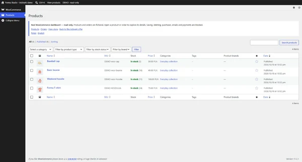 Product list in the WooCommerce ActiveAI demo panel