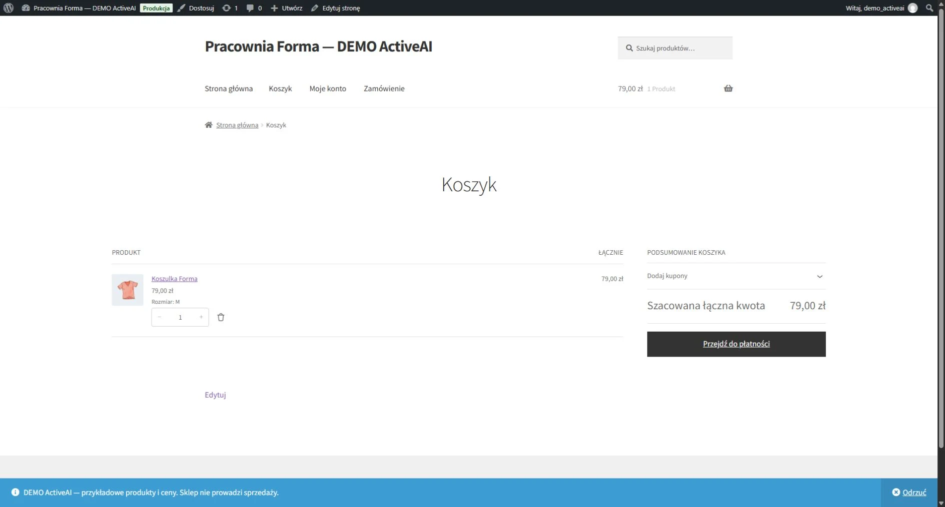 Koszyk WooCommerce z jedną koszulką w rozmiarze M