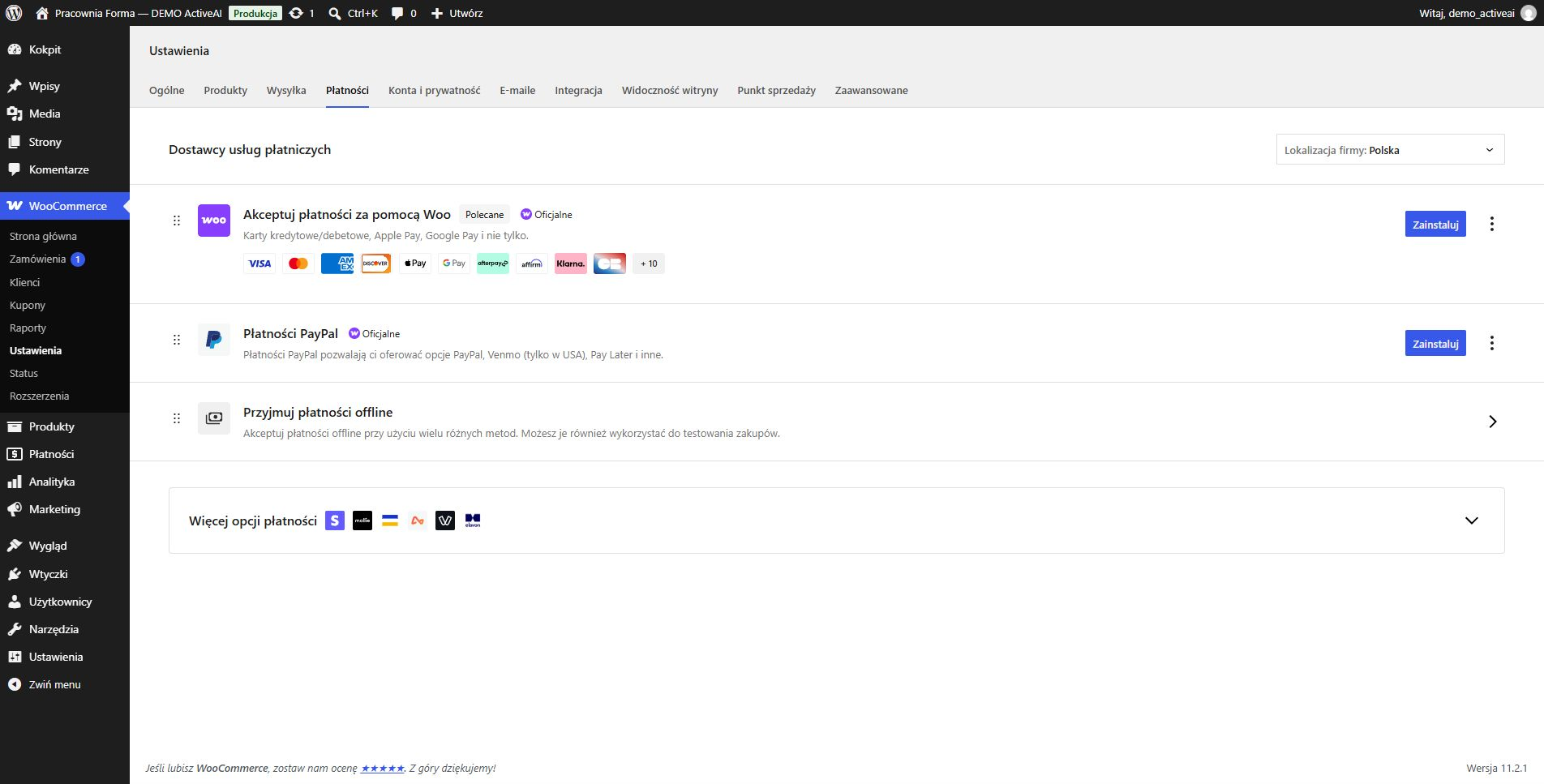 Panel WooCommerce: wybór dostawców płatności i płatności offline