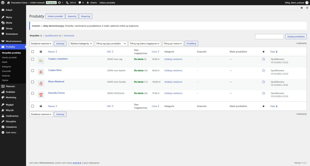 Lista produktów w demonstracyjnym panelu WooCommerce ActiveAI